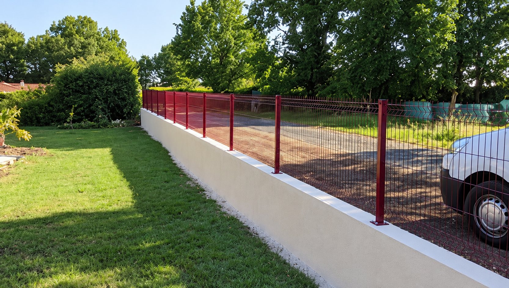 Une clôture à panneaux grillagés et poteaux rouges est installée sur un muret en béton clair, le long d’une pelouse et d’un terrain en terre.