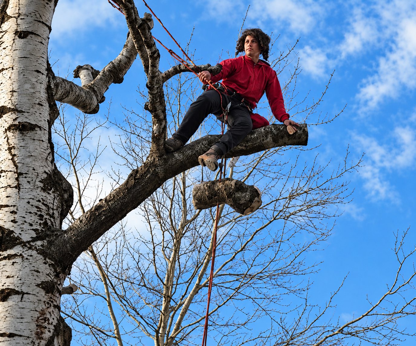 Un élagueur encordé travaille en hauteur dans un arbre et découpe une grosse branche sous un ciel bleu.