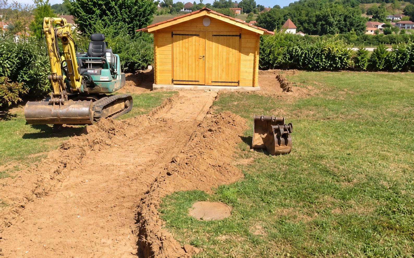 Une mini-pelle jaune a creusé une tranchée dans une pelouse près d’un abri de jardin en bois, avec des collines en arrière-plan.