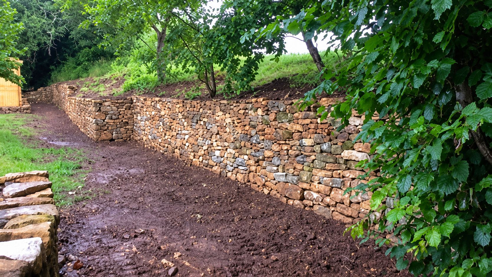 Un long mur en pierres sèches fraîchement réalisé longe un chemin de terre humide, entouré de verdure et d’arbres.