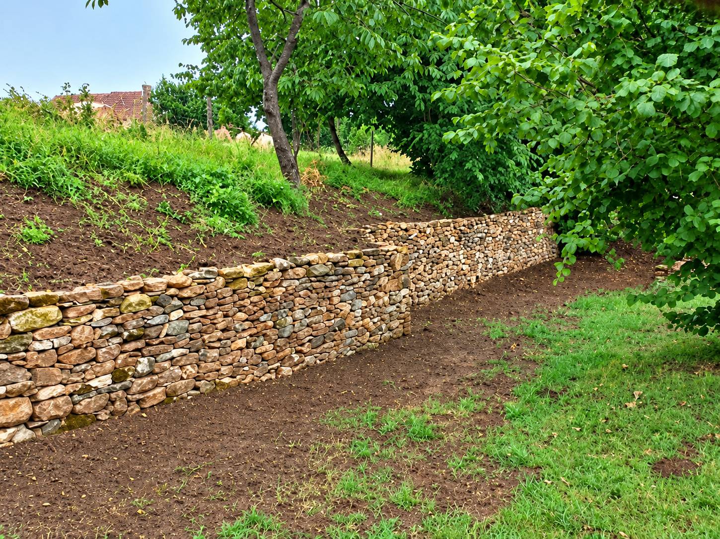 Un long mur en pierres sèches de teinte dorée longe un talus herbeux et un chemin de terre, entouré d’arbres et de verdure.